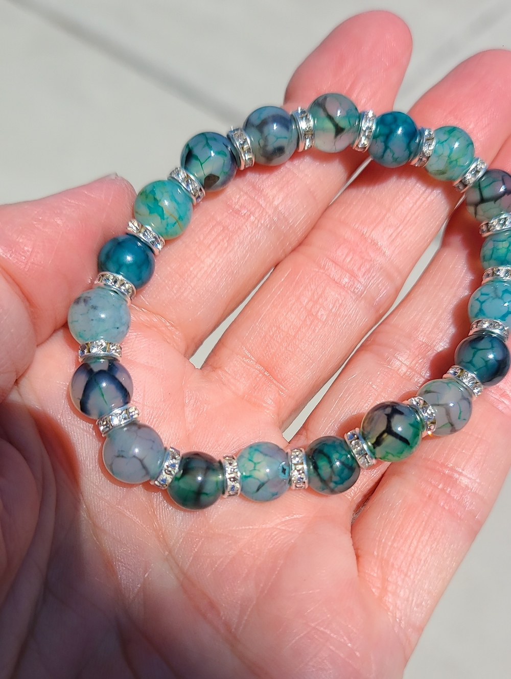 Dragon Vein Agate Beaded Stretch Bracelet with Crystal Spacers